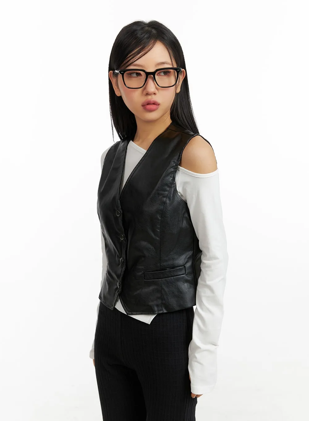 Faux Leather V-Neck Vest CF408