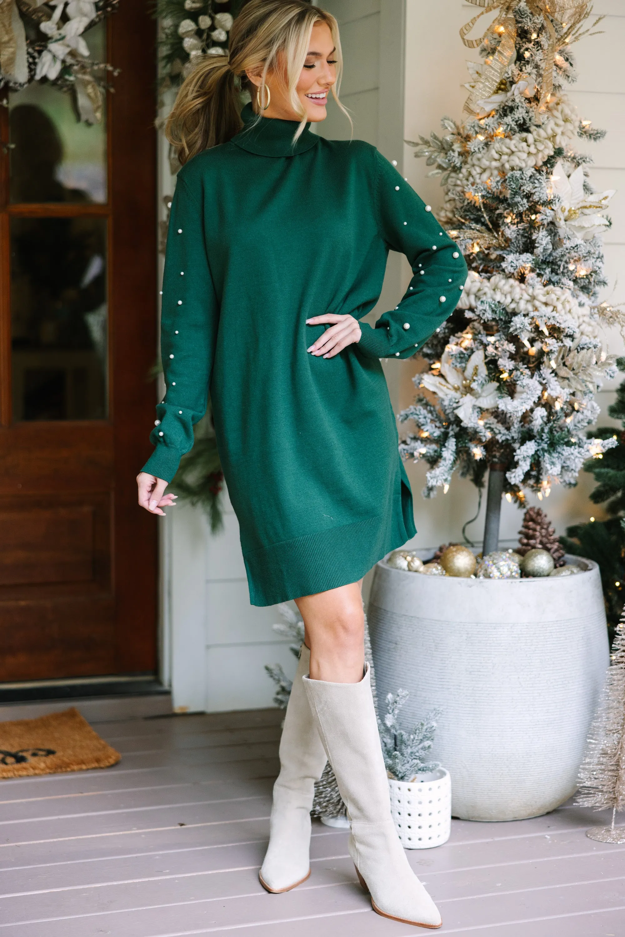 Feeling The Love Emerald Green Embellished Sweater Dress