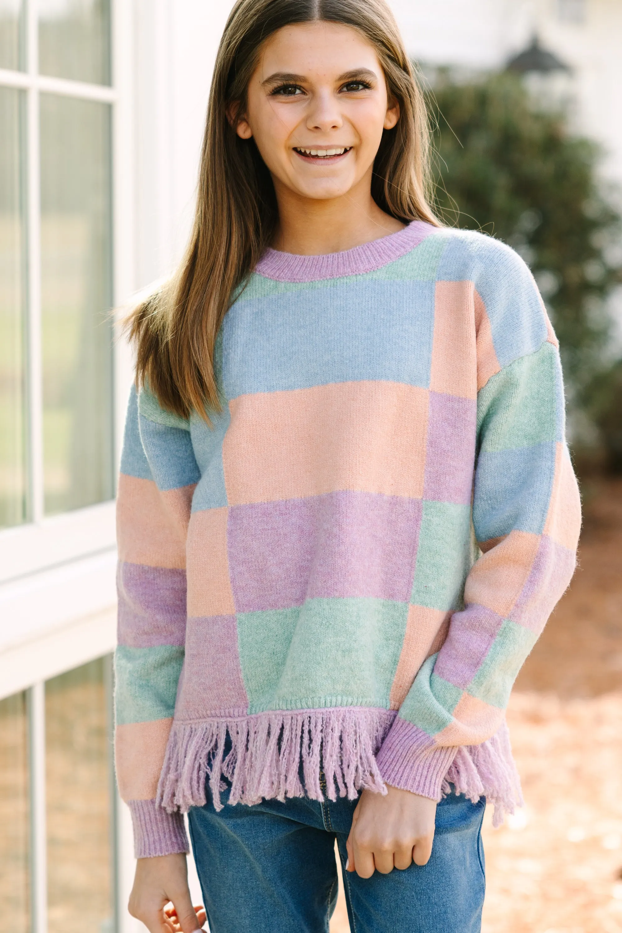 Girls: Make Your Day Lavender Multi Checkered Sweater