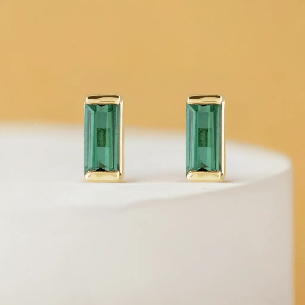 Green Tourmaline Channel-set Baguette Gold or Platinum Stud Earrings