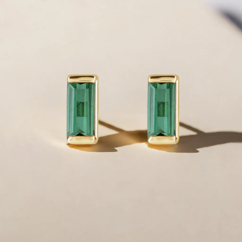 Green Tourmaline Channel-set Baguette Gold or Platinum Stud Earrings