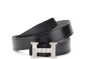 HERMES 90CM X 3.2CM SILVER H GOURMETTE BUCKLE BELT BLACK & GRIS MEYER COLOR, WITH DUST COVER & BOX