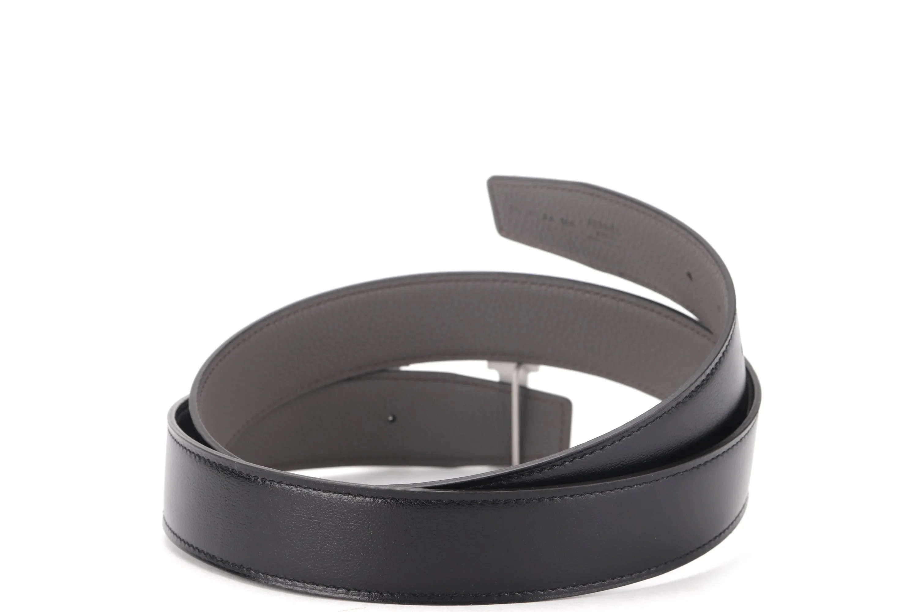 HERMES 90CM X 3.2CM SILVER H GOURMETTE BUCKLE BELT BLACK & GRIS MEYER COLOR, WITH DUST COVER & BOX