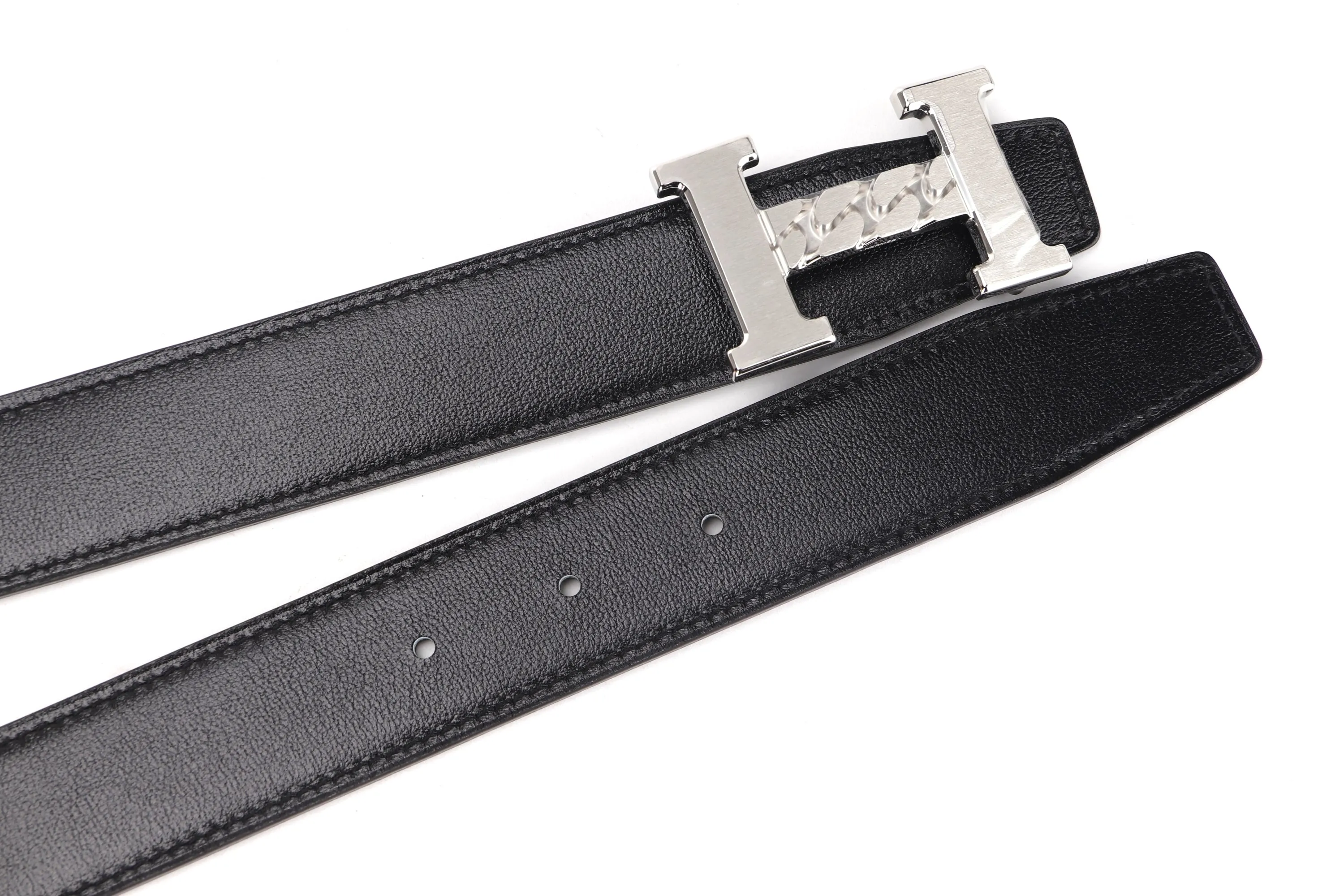 HERMES 90CM X 3.2CM SILVER H GOURMETTE BUCKLE BELT BLACK & GRIS MEYER COLOR, WITH DUST COVER & BOX