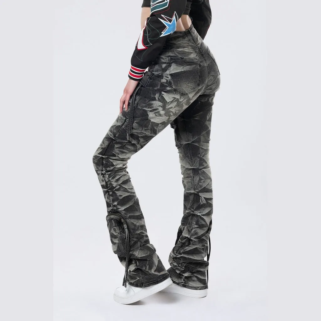 High Rise Stacked Cargo Jeans - Gail Black