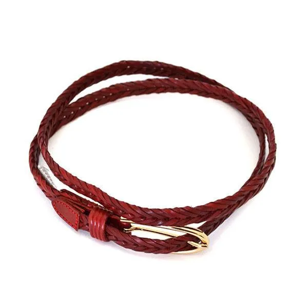 KELLY - Womens Red Plaited Skinny Leather Belt with Gold Oval Buckle