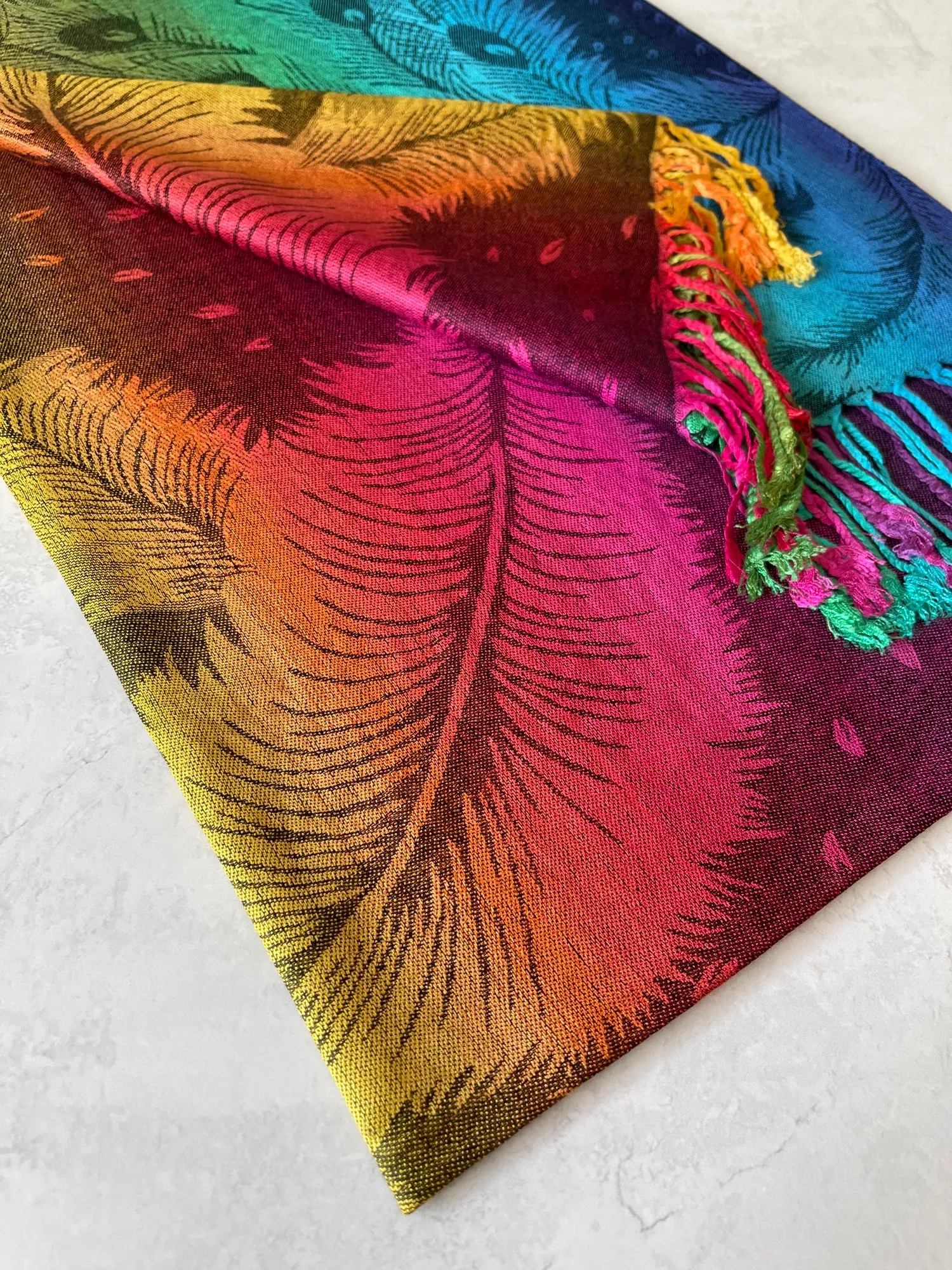 LARGE BLACK RAINBOW FEATHER AND LEAF PRINT PASHMINA SHAWL SCARF