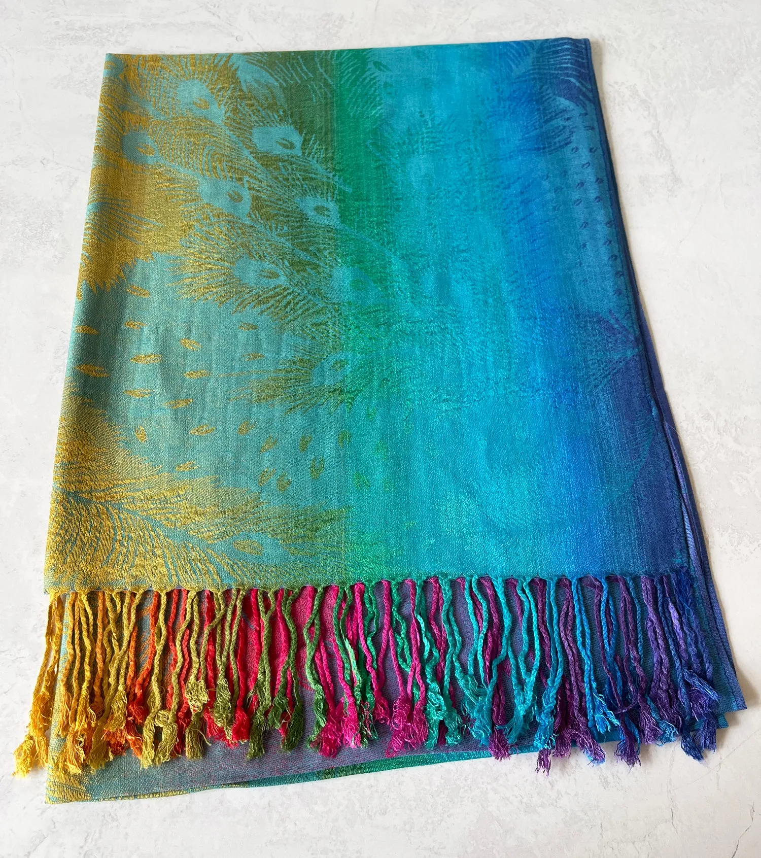 LARGE BLUE RAINBOW FEATHER AND LEAF PRINT PASHMINA SHAWL SCARF