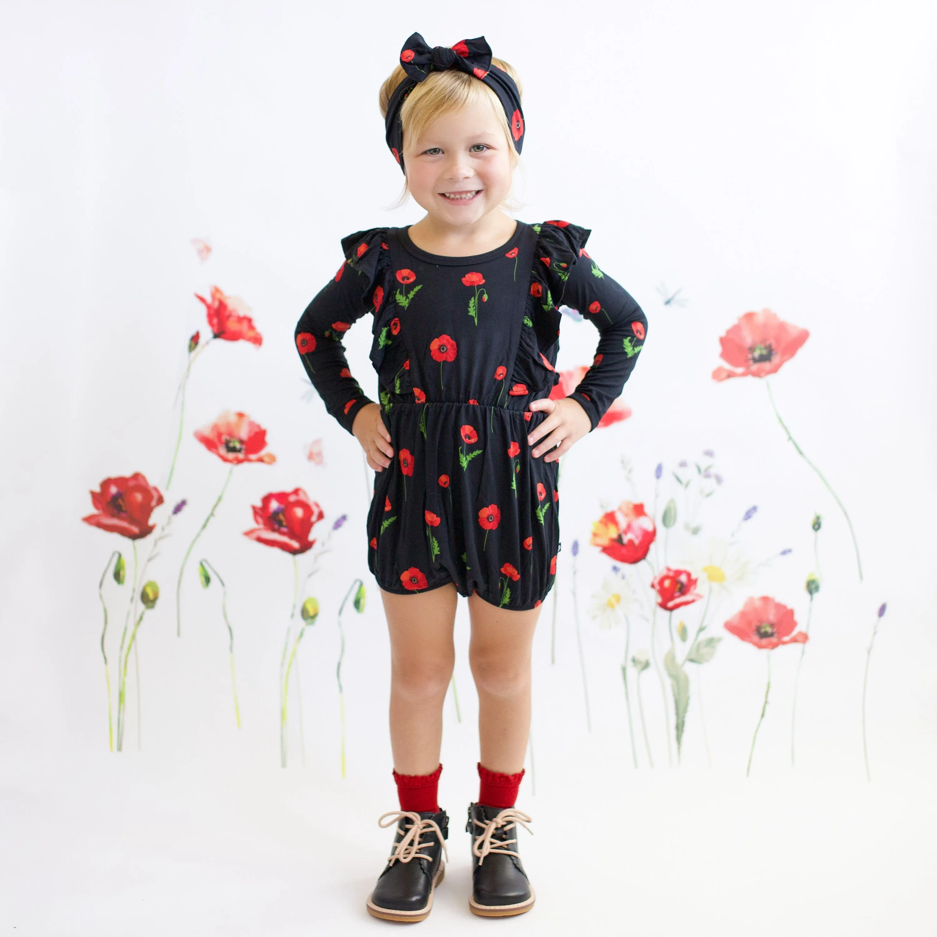 Long Sleeve Bubble Romper in Midnight Poppies