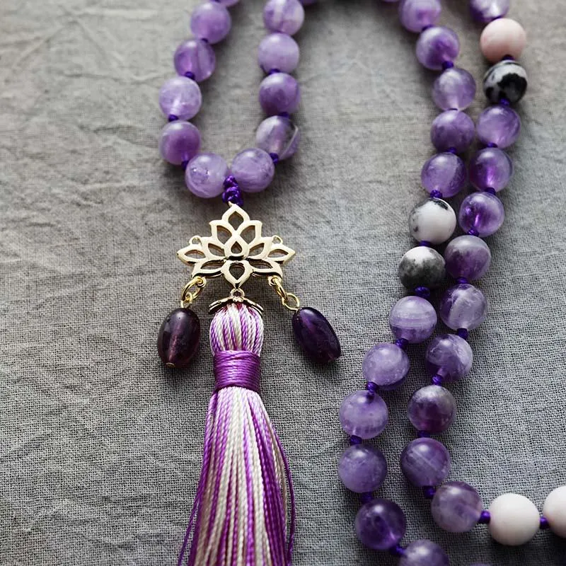 'Lotus Pendant' Amethyst & Jasper 108 Mala Beads Necklace