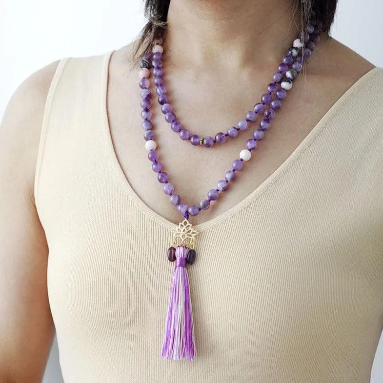 'Lotus Pendant' Amethyst & Jasper 108 Mala Beads Necklace