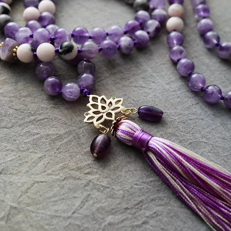 'Lotus Pendant' Amethyst & Jasper 108 Mala Beads Necklace