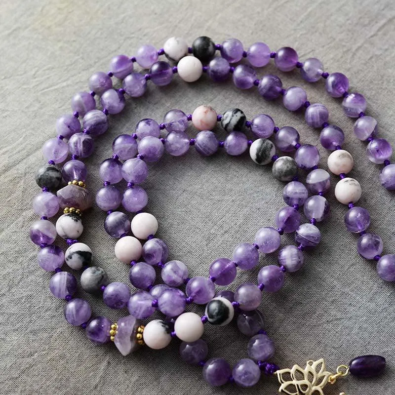 'Lotus Pendant' Amethyst & Jasper 108 Mala Beads Necklace