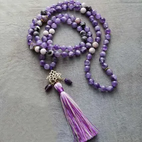 'Lotus Pendant' Amethyst & Jasper 108 Mala Beads Necklace