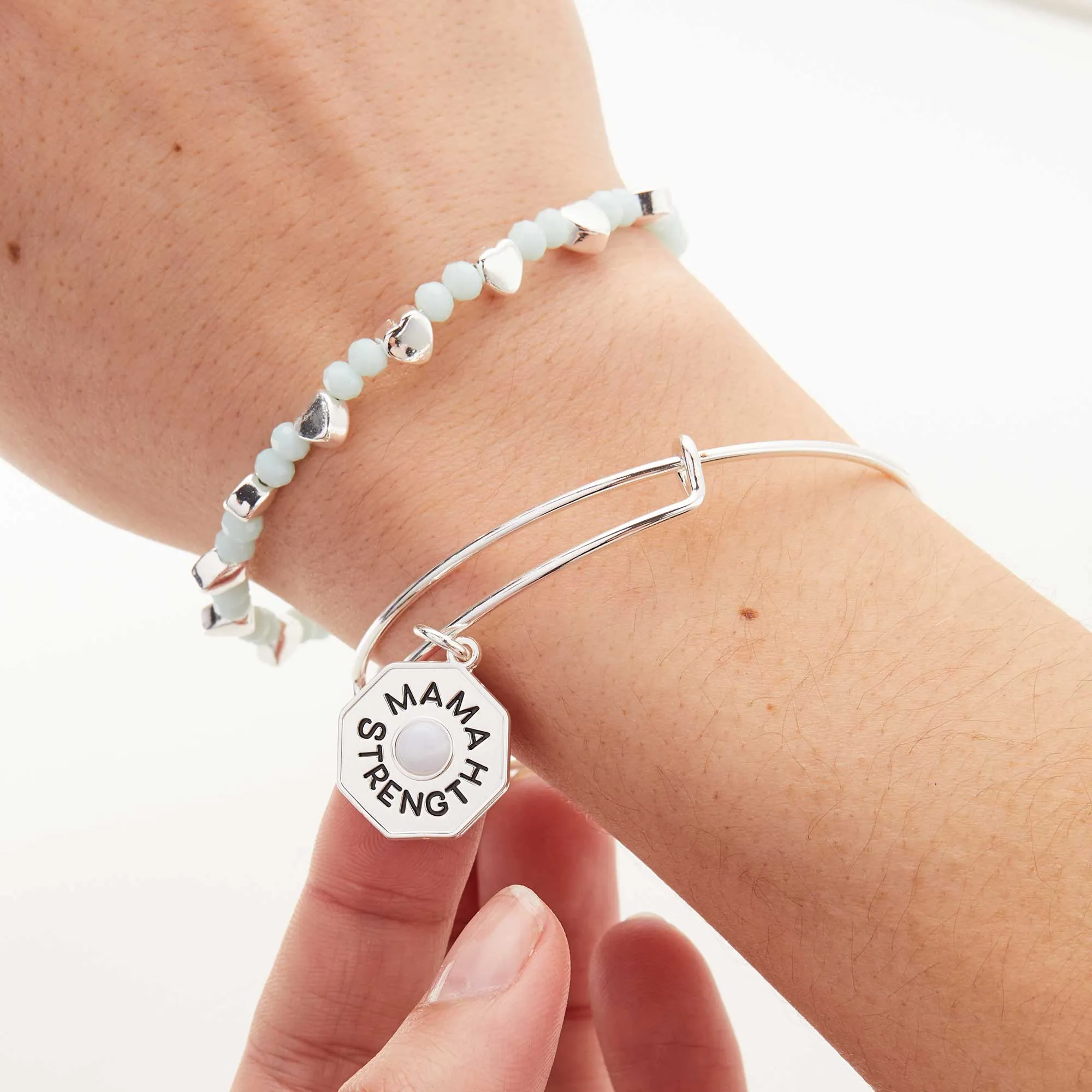 'Mama, Strength' Blue Lace Agate Charm Bangle Bracelet