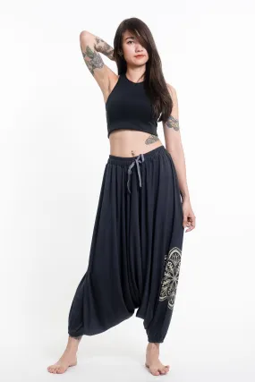 Mandala Print Drawstring Low Cut Harem Pants Cotton Spandex in Gray