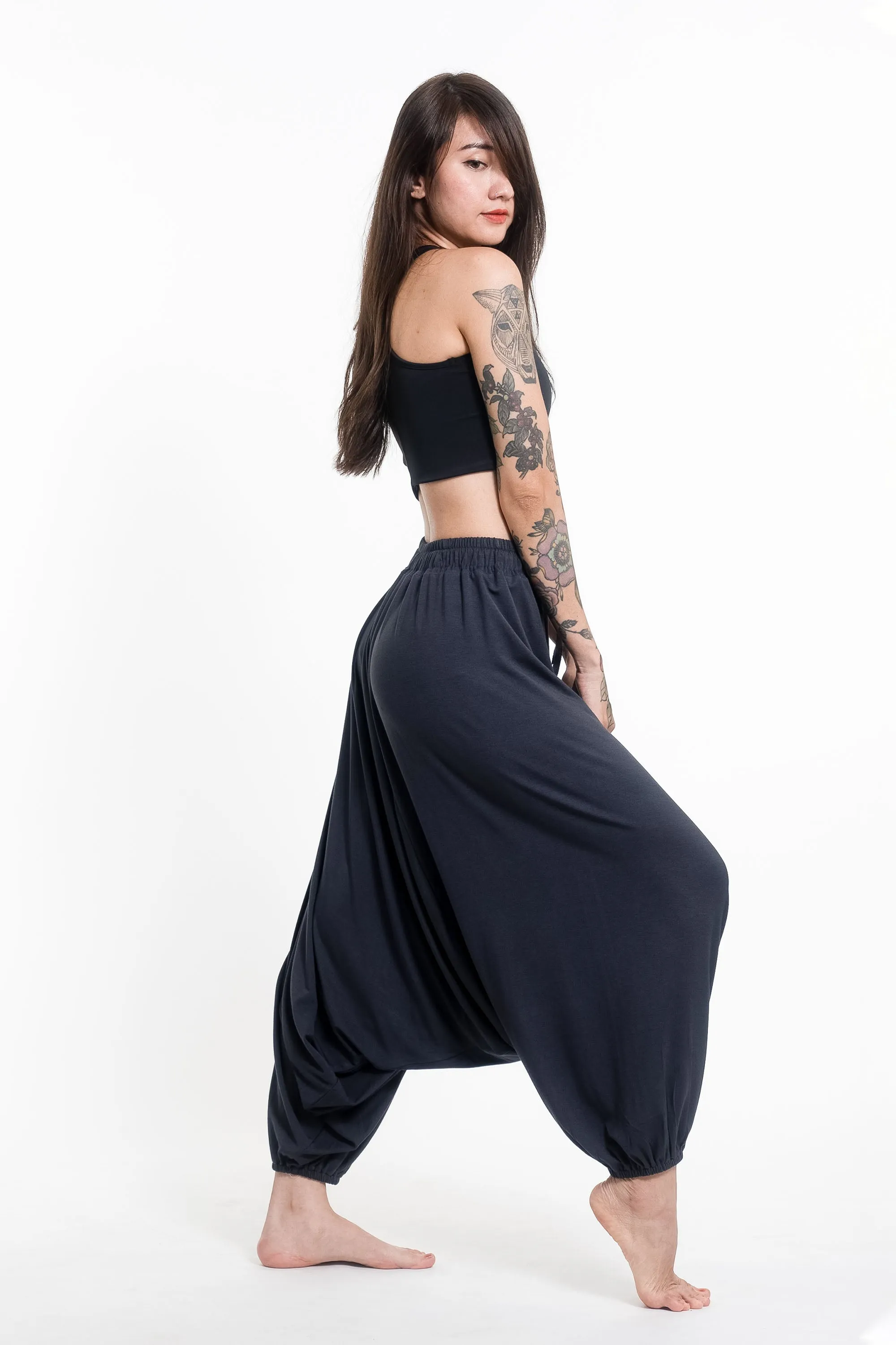 Mandala Print Drawstring Low Cut Harem Pants Cotton Spandex in Gray