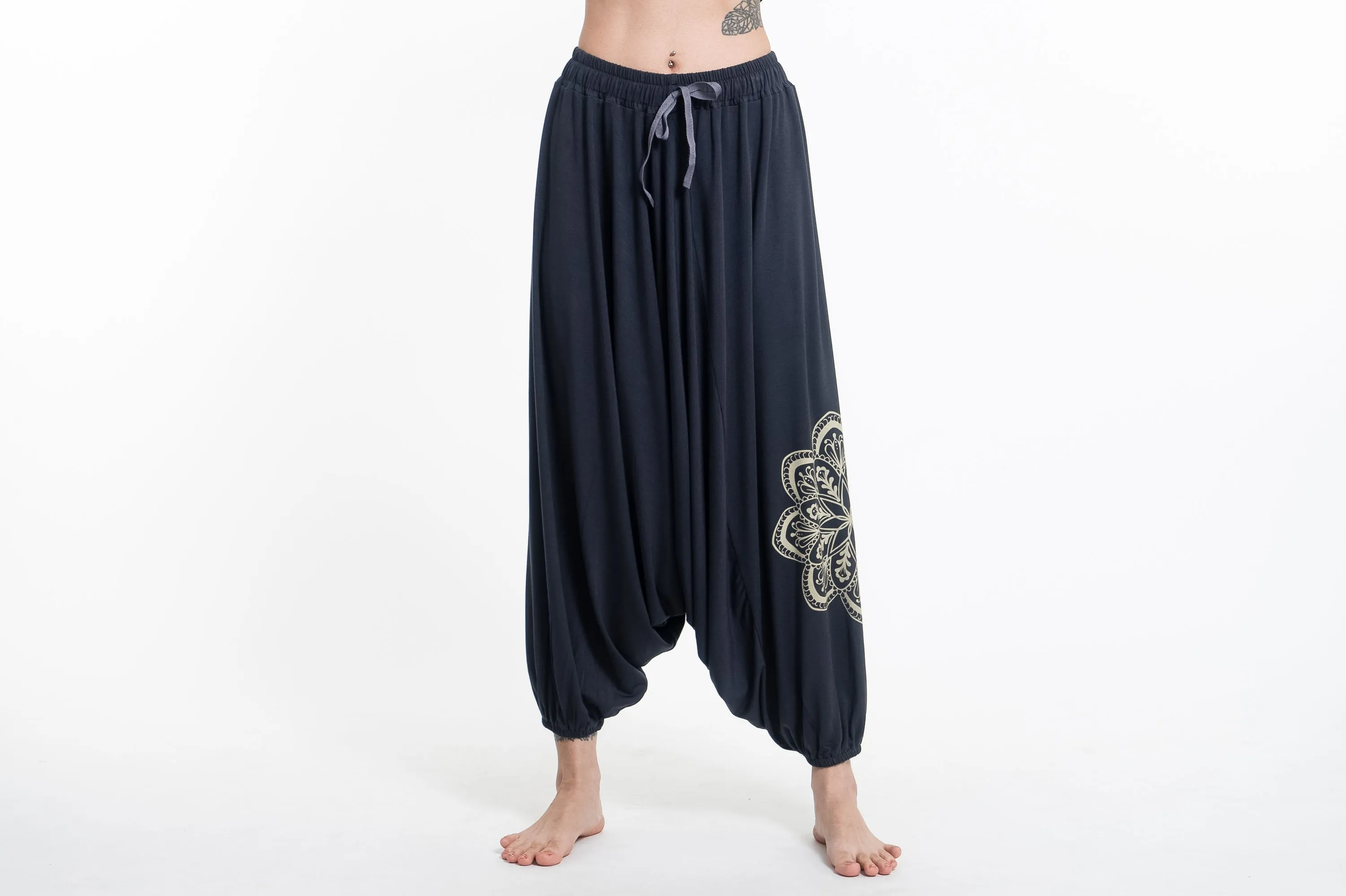 Mandala Print Drawstring Low Cut Harem Pants Cotton Spandex in Gray