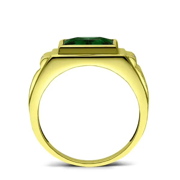 Men Rectangular Signet Ring Real 14k Solid Yellow Gold Emerald and 2 Diamonds