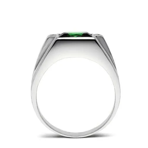 Men's Emerald Gemstone Ring With Diamond Accents in 10K Solid White Gold Ring