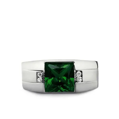 Men's Emerald Gemstone Ring With Diamond Accents in 10K Solid White Gold Ring