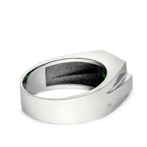 Men's Emerald Gemstone Ring With Diamond Accents in 10K Solid White Gold Ring