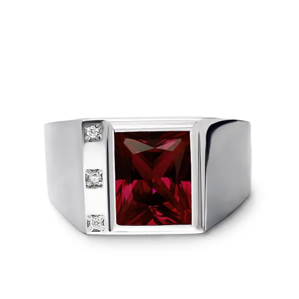 Mens Solid 14K White Gold Red Ruby Ring 0.06ct Natural Diamonds Ring for Men