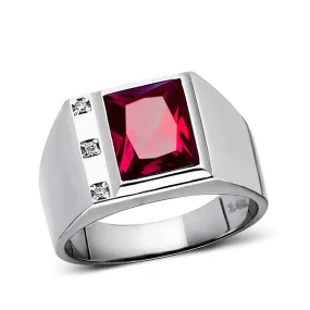 Mens Solid 14K White Gold Red Ruby Ring 0.06ct Natural Diamonds Ring for Men