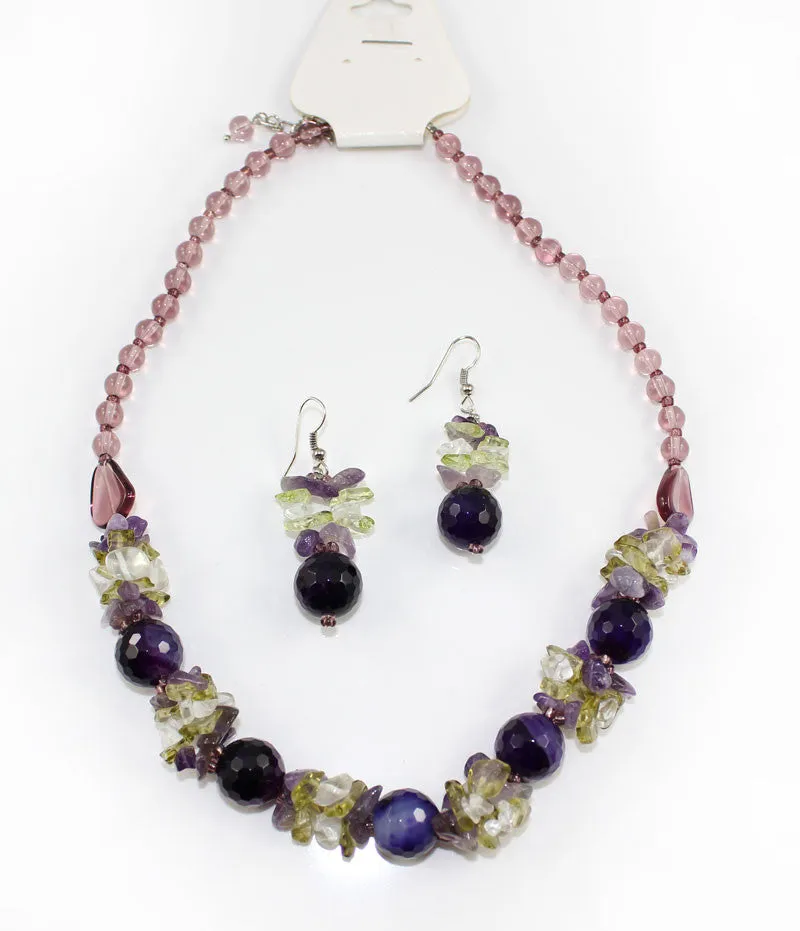 Natural Stone & Glass & Beads Multi Color Necklace and Earrings Set - Purple