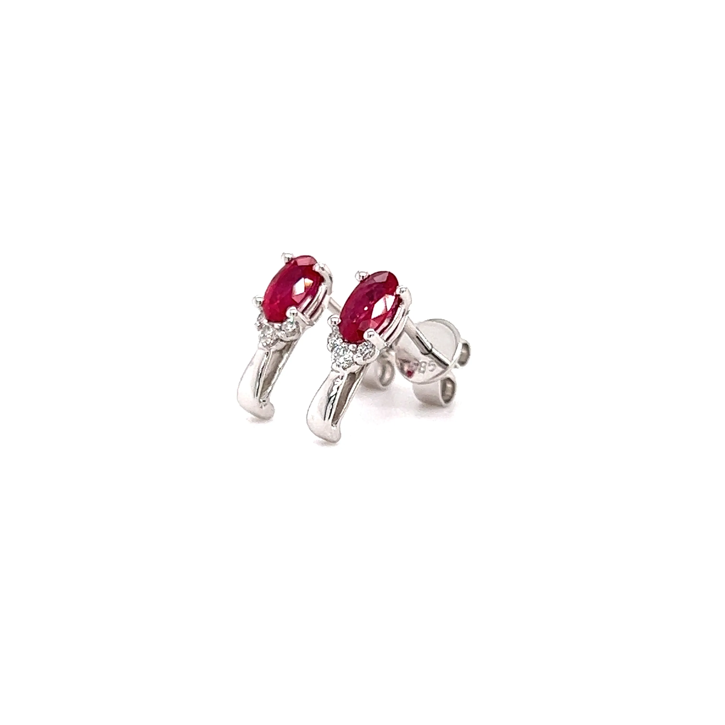 Oval Ruby Stud Earrings with Accent Diamonds in 14K White Gold