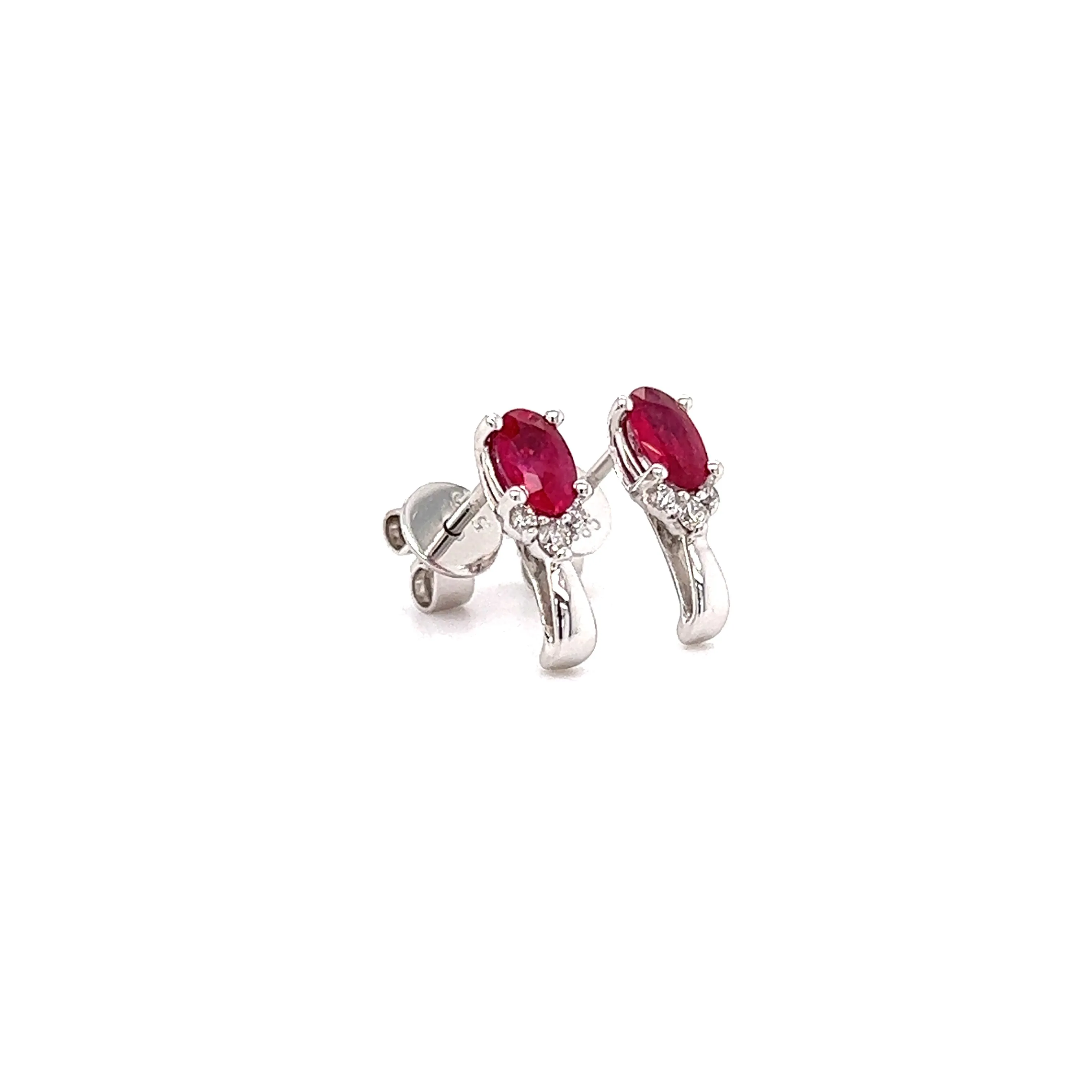 Oval Ruby Stud Earrings with Accent Diamonds in 14K White Gold