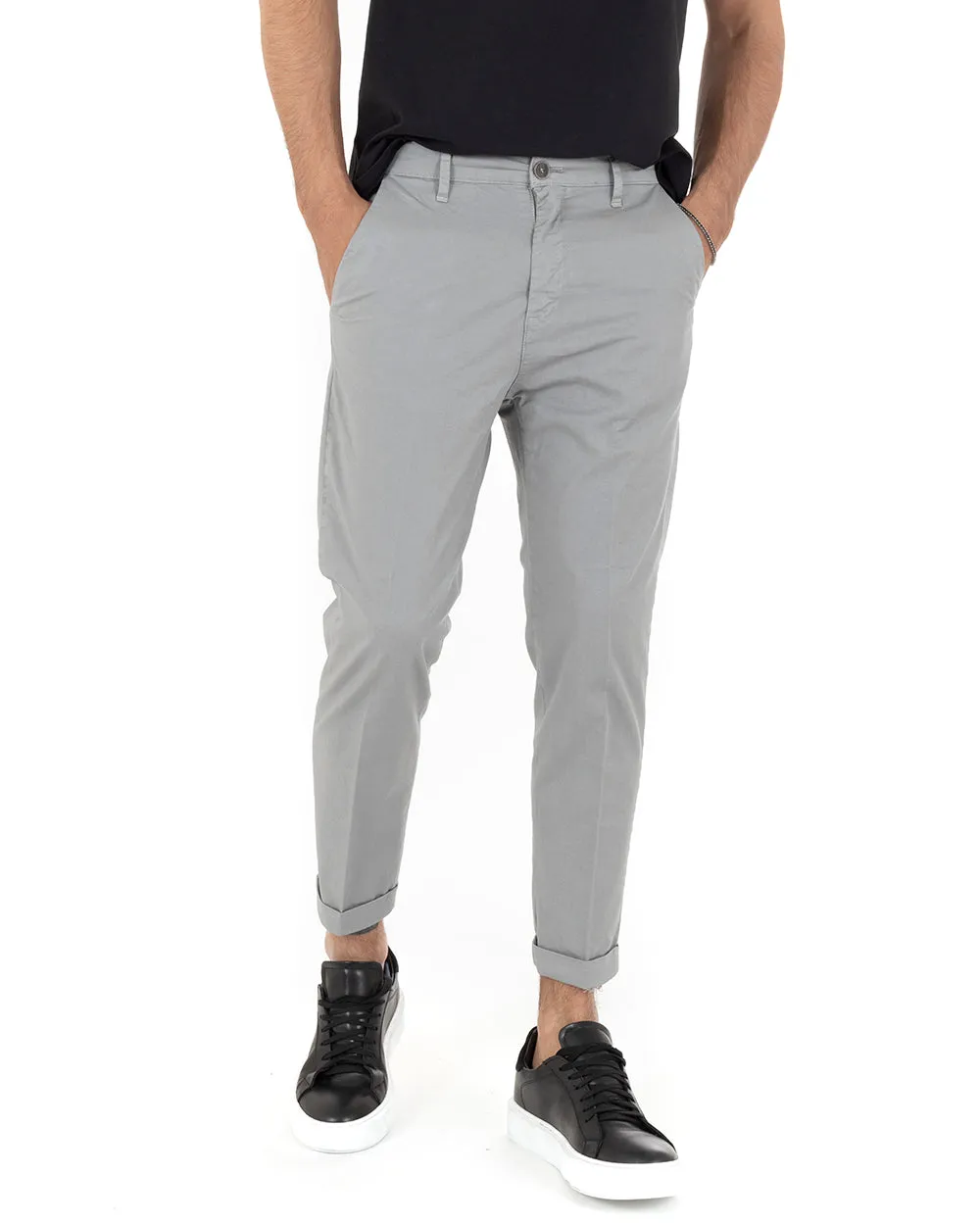 Pantaloni Uomo Cotone Tasca America Chinos Capri Sartoriale Slim Fit Casual Grigio Chiaro GIOSAL-P5694A