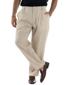 Pantaloni Uomo Lino Fondo Largo Casual Tasca America Pinces Baggy Rigato Gessato Beige GIOSAL-P6105A