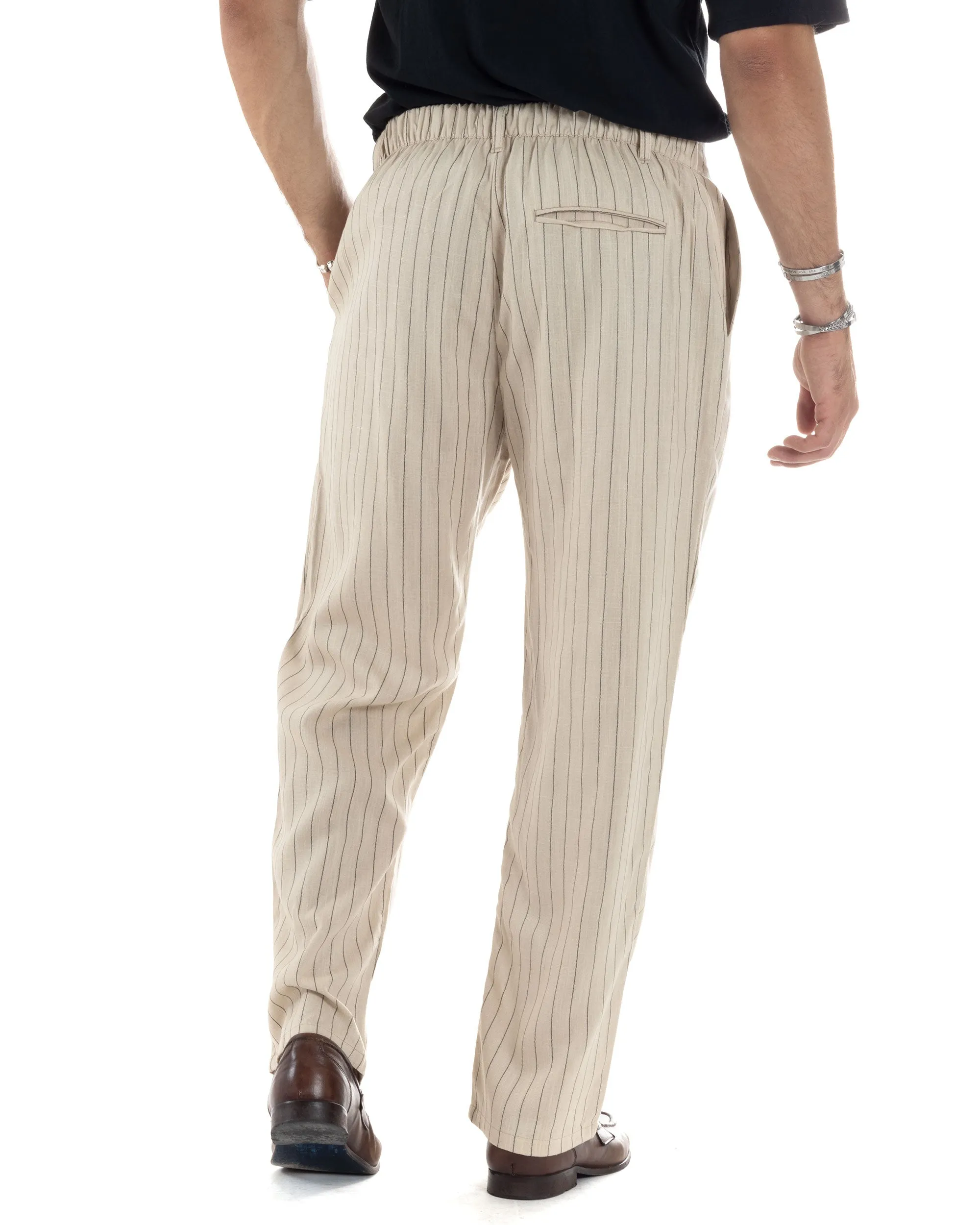 Pantaloni Uomo Lino Fondo Largo Casual Tasca America Pinces Baggy Rigato Gessato Beige GIOSAL-P6105A