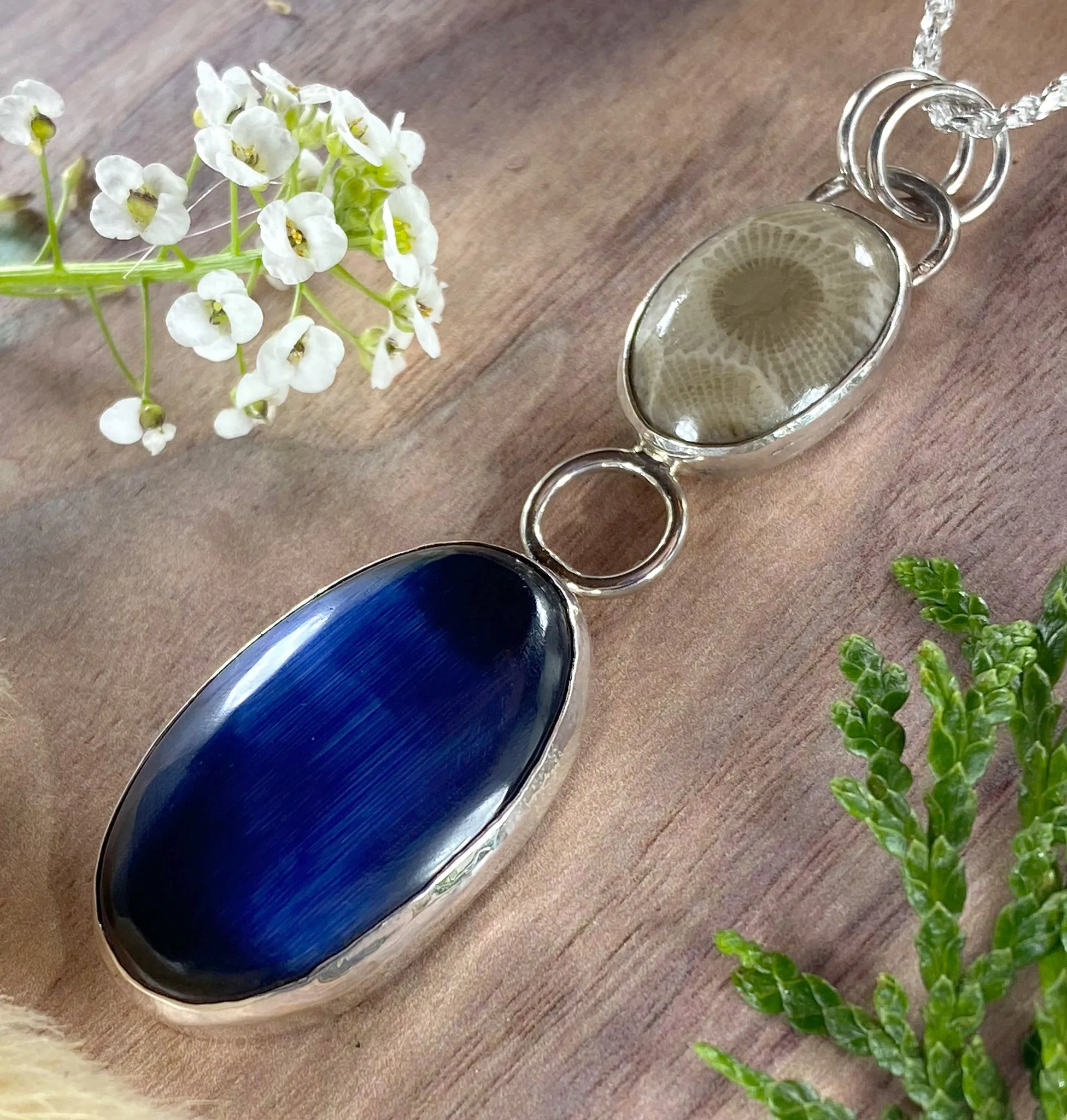 Petoskey Stone and Fiber Optic Glass Pendant Necklace