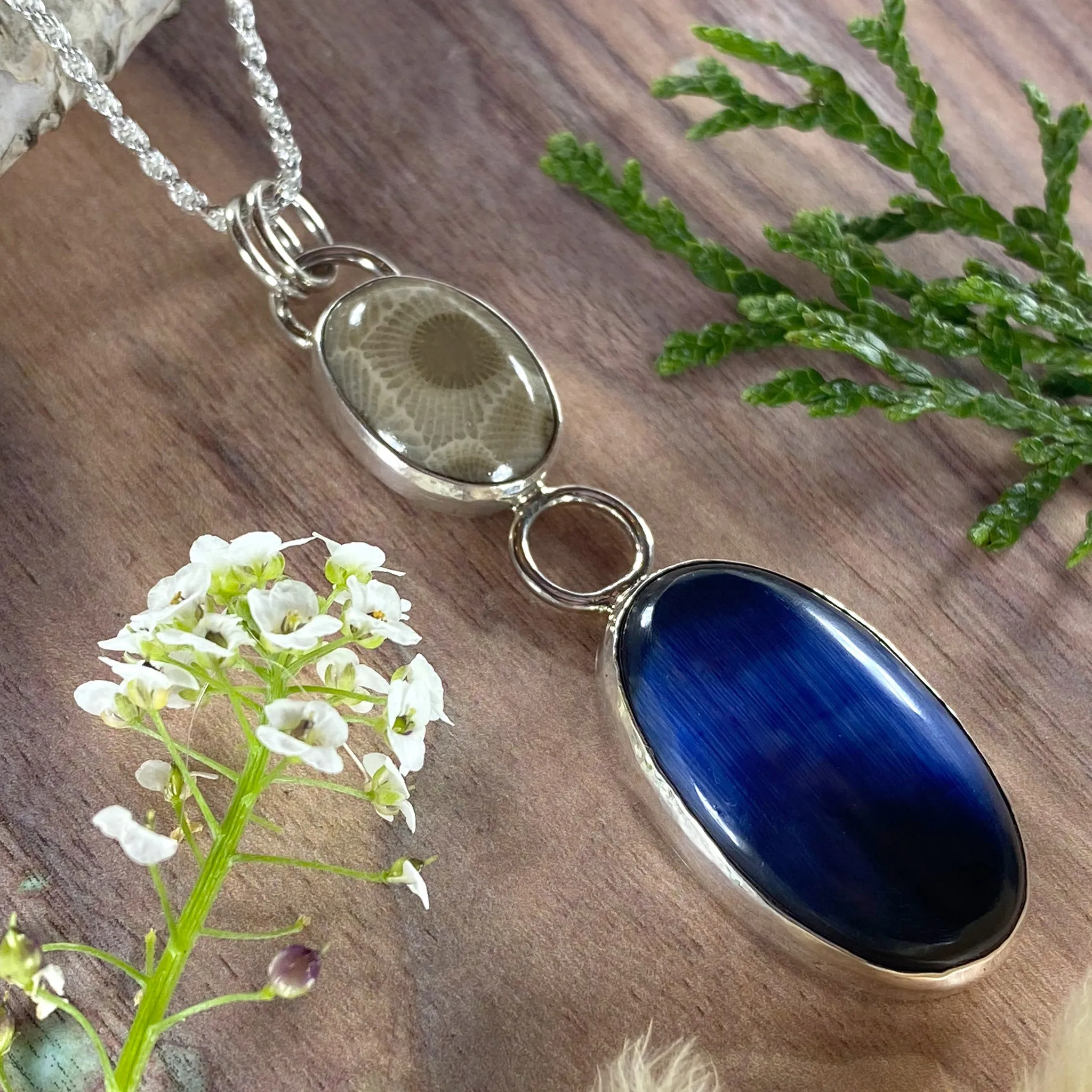 Petoskey Stone and Fiber Optic Glass Pendant Necklace