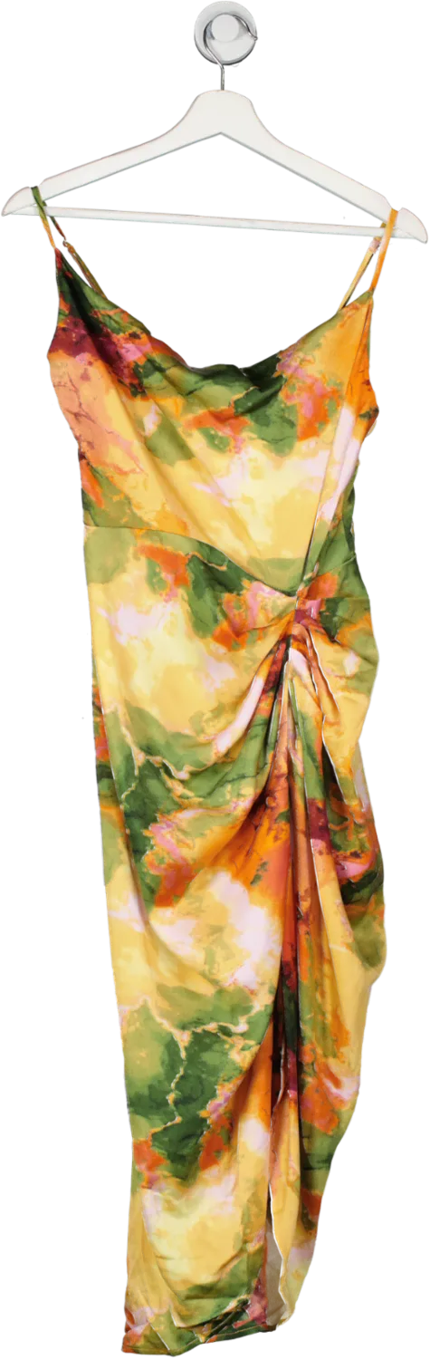 QUIZ Multicoloured Satin Marble Print Ruched Midi Dress UK 8