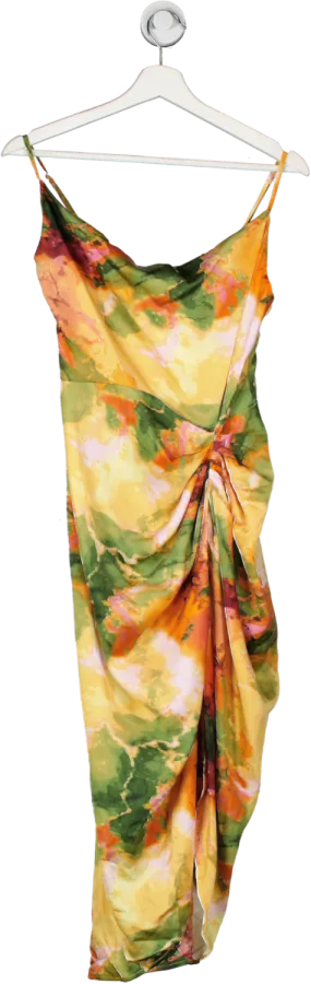 QUIZ Multicoloured Satin Marble Print Ruched Midi Dress UK 8