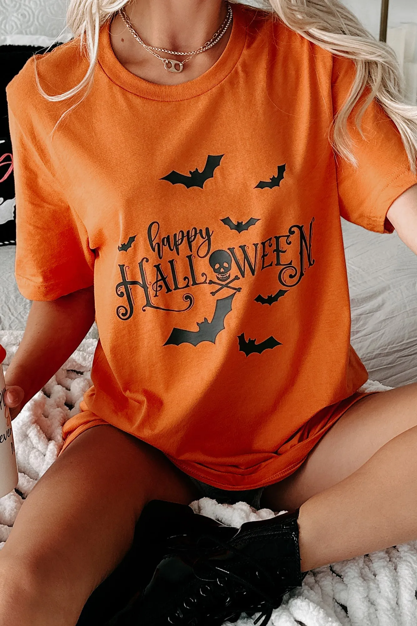 "Happy Halloween" Graphic T-Shirt (Orange) - Print On Demand