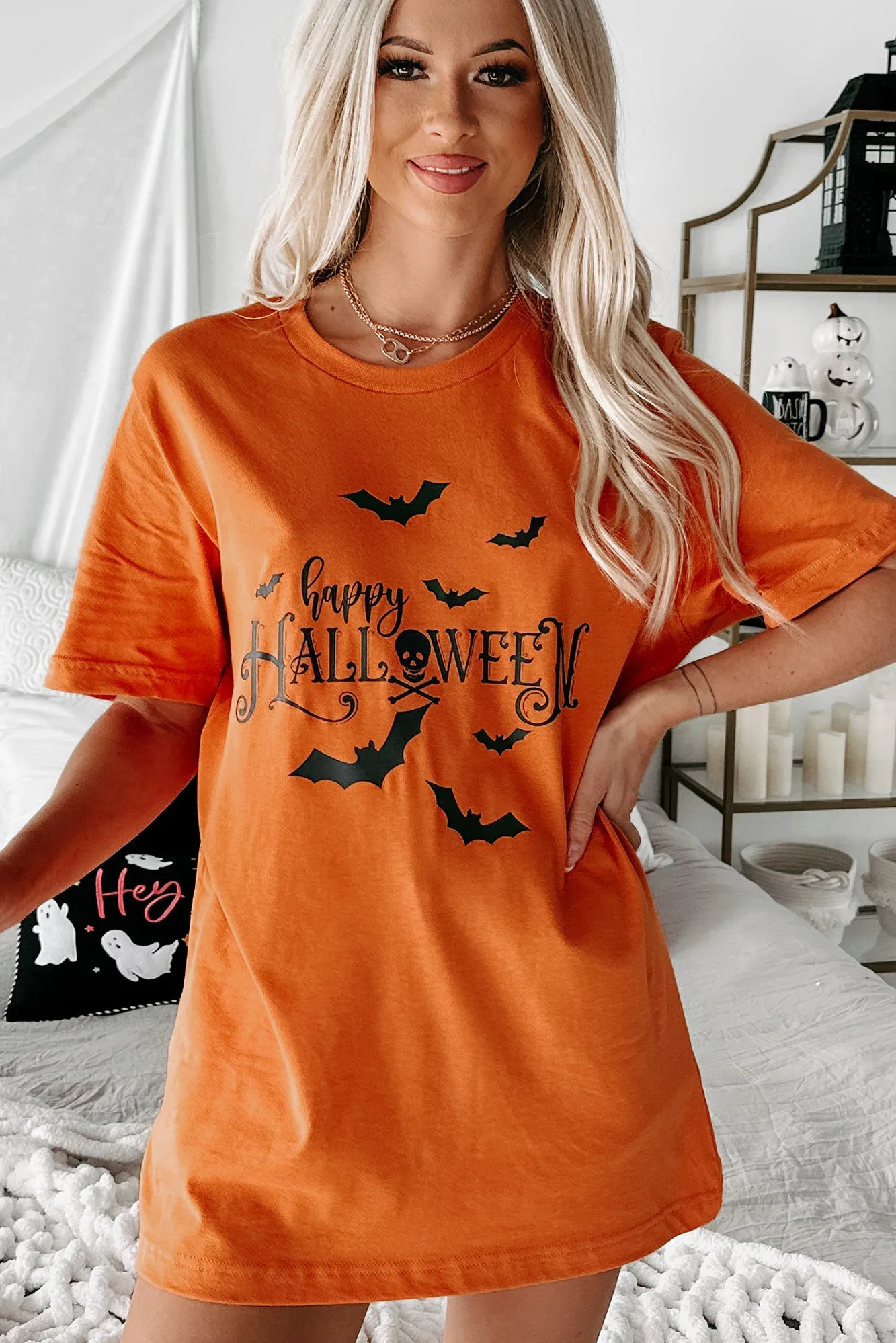 "Happy Halloween" Graphic T-Shirt (Orange) - Print On Demand