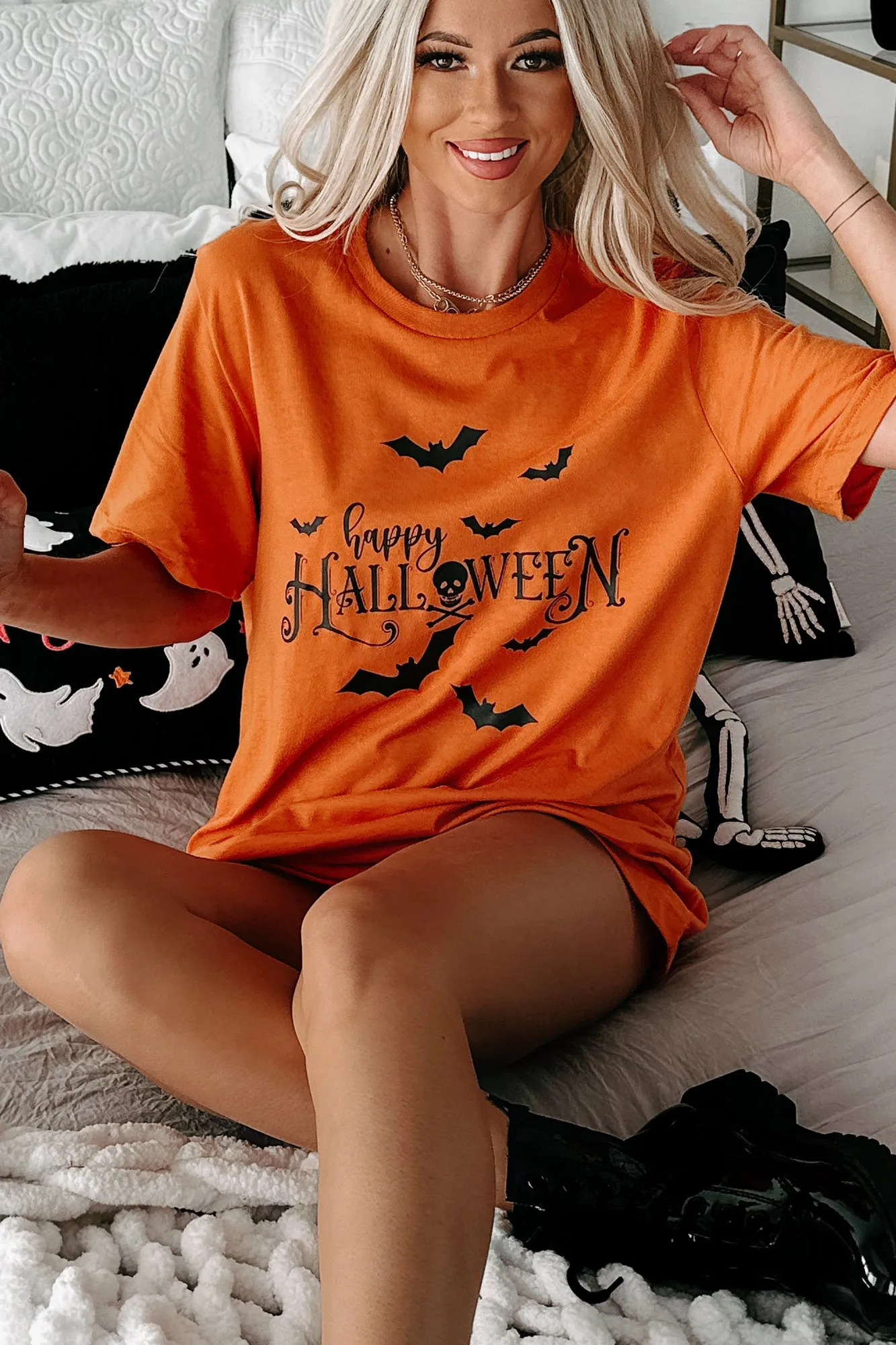 "Happy Halloween" Graphic T-Shirt (Orange) - Print On Demand