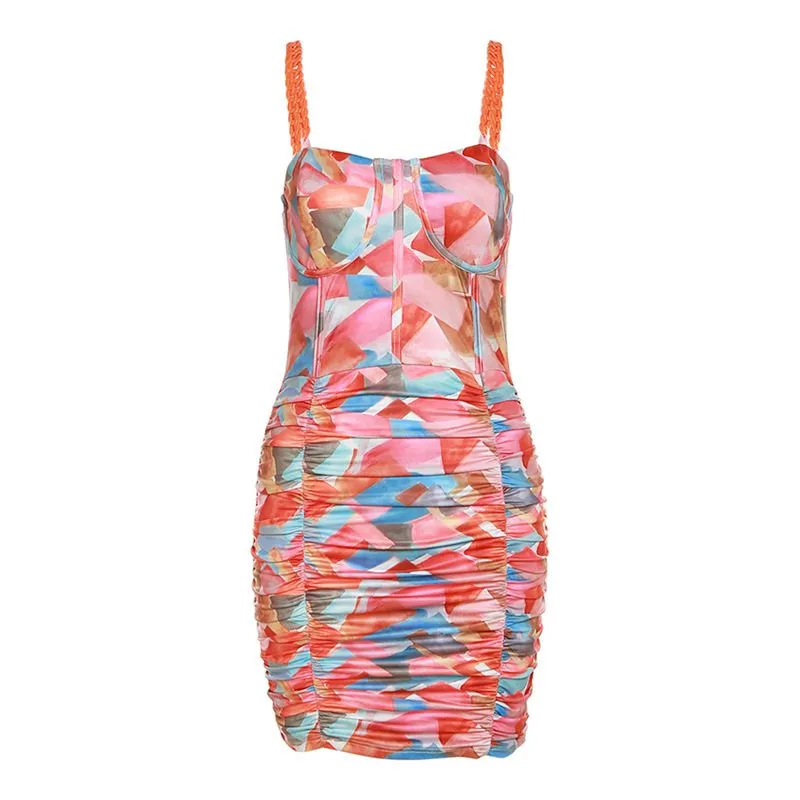 Rainbow Multicolor Acrylic Link Chain Strap Shirred Bodice Mini Dress