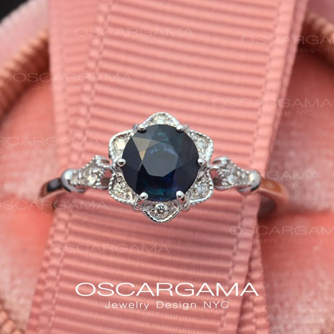 Round Daisy Star Blue Sapphire Engagement Ring Vintage Inspired White