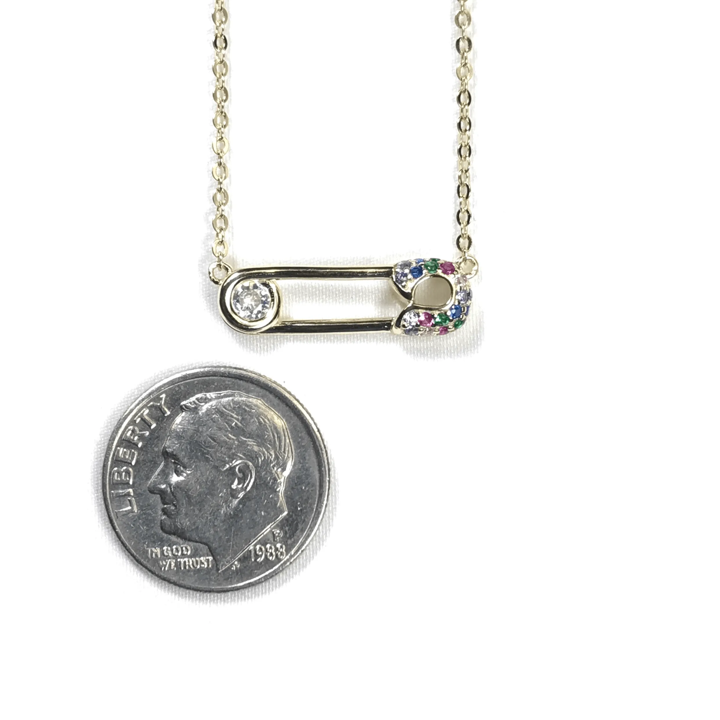 Safety Pin Necklace With Rainbow CZ Stones