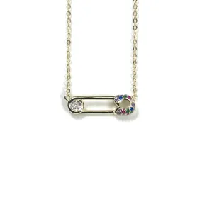 Safety Pin Necklace With Rainbow CZ Stones