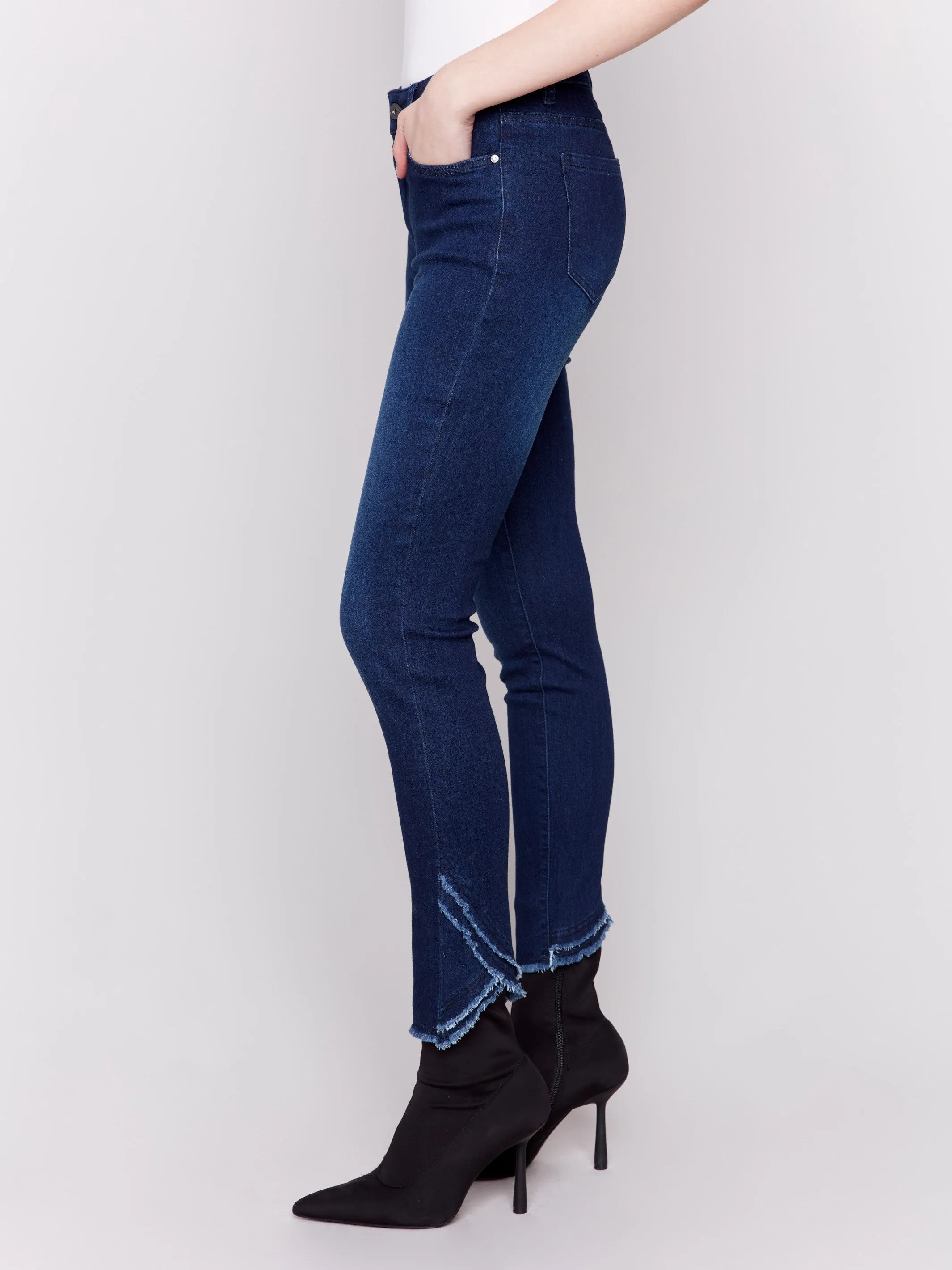 Slim Fit Jeans with Frayed Tulip Hem - Blue Black