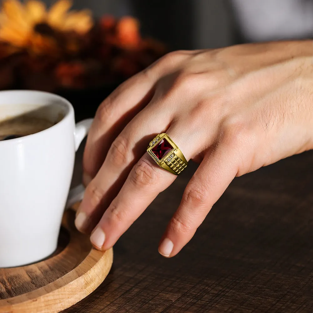 Solid 10K Yellow Fine Gold Red Ruby Mens Ring with 0.08ct Natural Diamonds