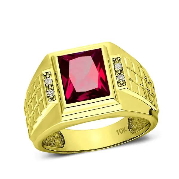 Solid 10K Yellow Fine Gold Red Ruby Mens Ring with 0.08ct Natural Diamonds