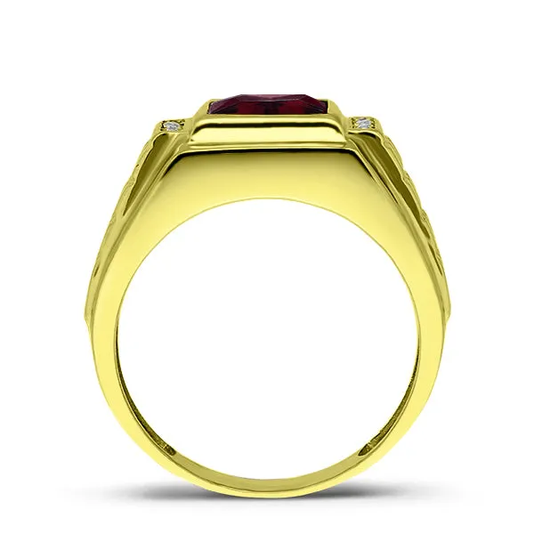 Solid 10K Yellow Fine Gold Red Ruby Mens Ring with 0.08ct Natural Diamonds