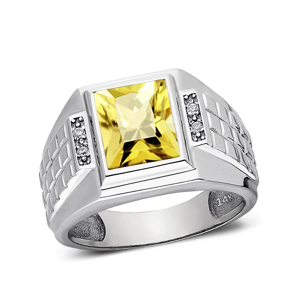 Solid 14K White Gold Engagement Ring Citrine Gemstone and 0.08ct Natural Diamond Ring for Men